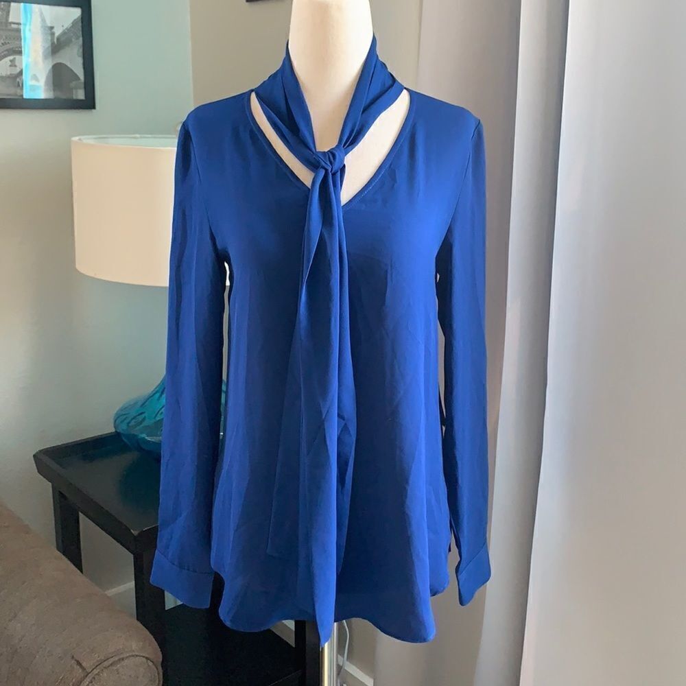 Olivaceous tie neck blouse beautiful cobalt blue sz small